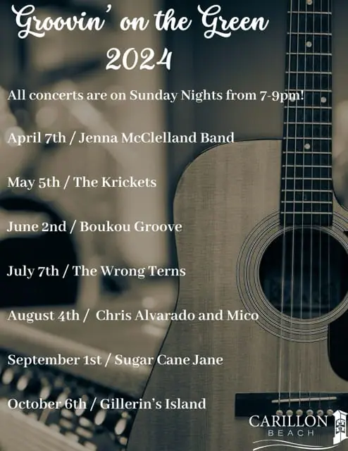 All concerts are on Sunday Nights from 7-9pm! April 7th / Jenna McClelland Band May 5th / The Krickets June 2nd / Boukou Groove July 7th / The Wrong Terns August 4th / Chris Alvarado and Mico September 1st / Sugar Cane Jane October 6th / Gillerin’s Island - 1
